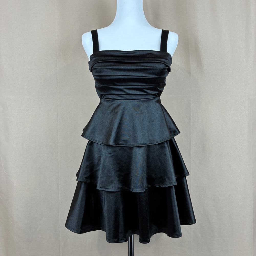 Honey and Rosie Tiered Dress M Satin Black Ruffle Cocktail Party Goth Glam - Picture 2 of 14